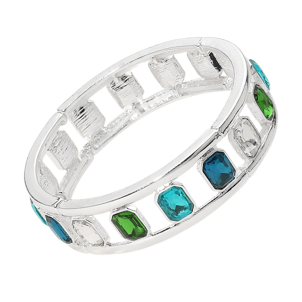 Madeline Love Blue, Silver Emerald Cut Stone Embellished Open Frame Stretch Bracelet - Bracelets - desc