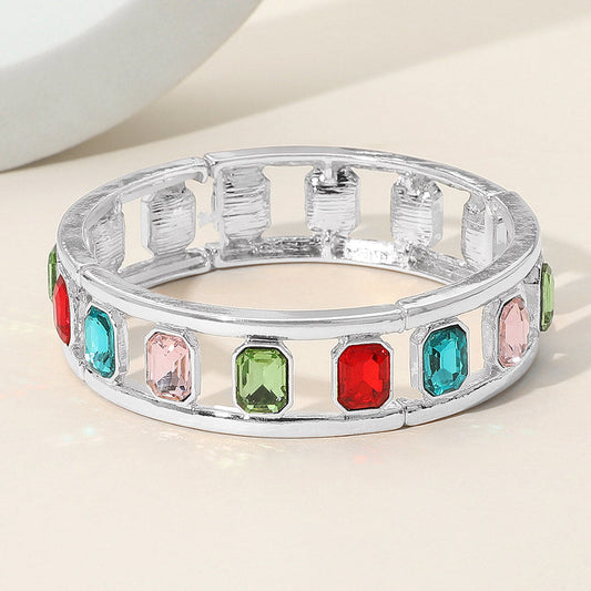 Madeline Love Multi, Silver Emerald Cut Stone Embellished Open Frame Stretch Bracelet - Bracelets