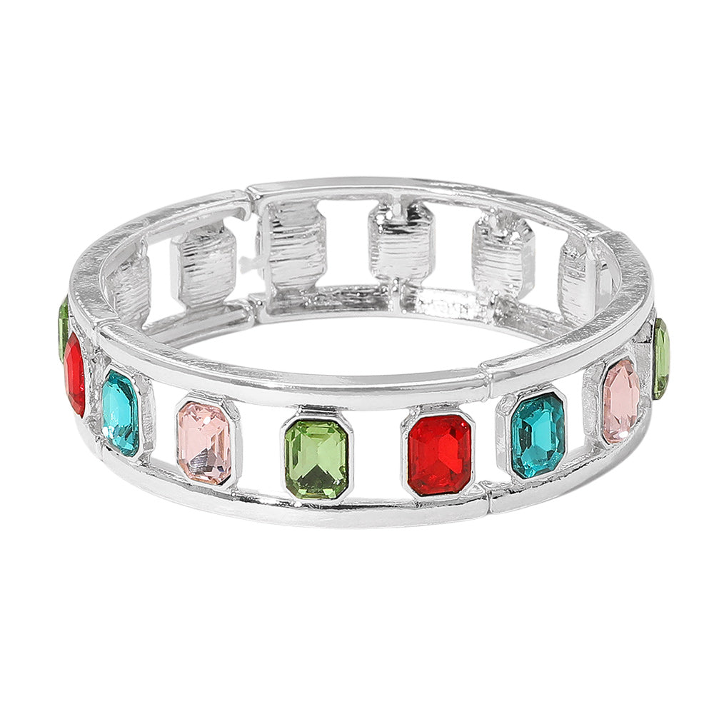 Madeline Love Multi, Silver Emerald Cut Stone Embellished Open Frame Stretch Bracelet - Bracelets - desc