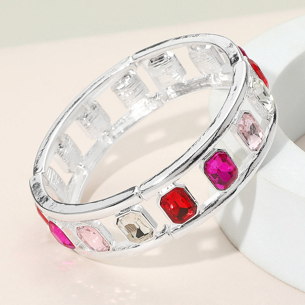 Madeline Love Pink, Silver Emerald Cut Stone Embellished Open Frame Stretch Bracelet - Bracelets