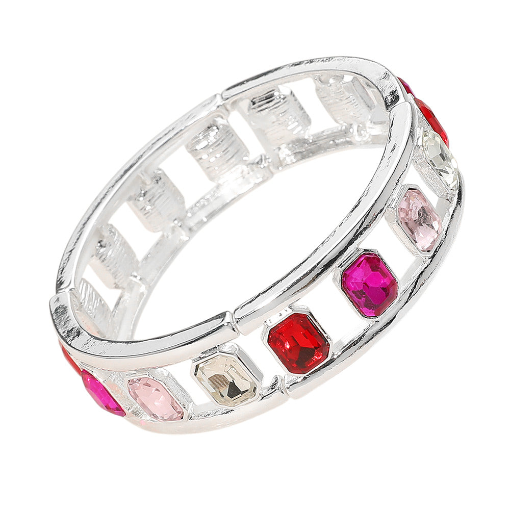Madeline Love Pink, Silver Emerald Cut Stone Embellished Open Frame Stretch Bracelet - Bracelets - desc