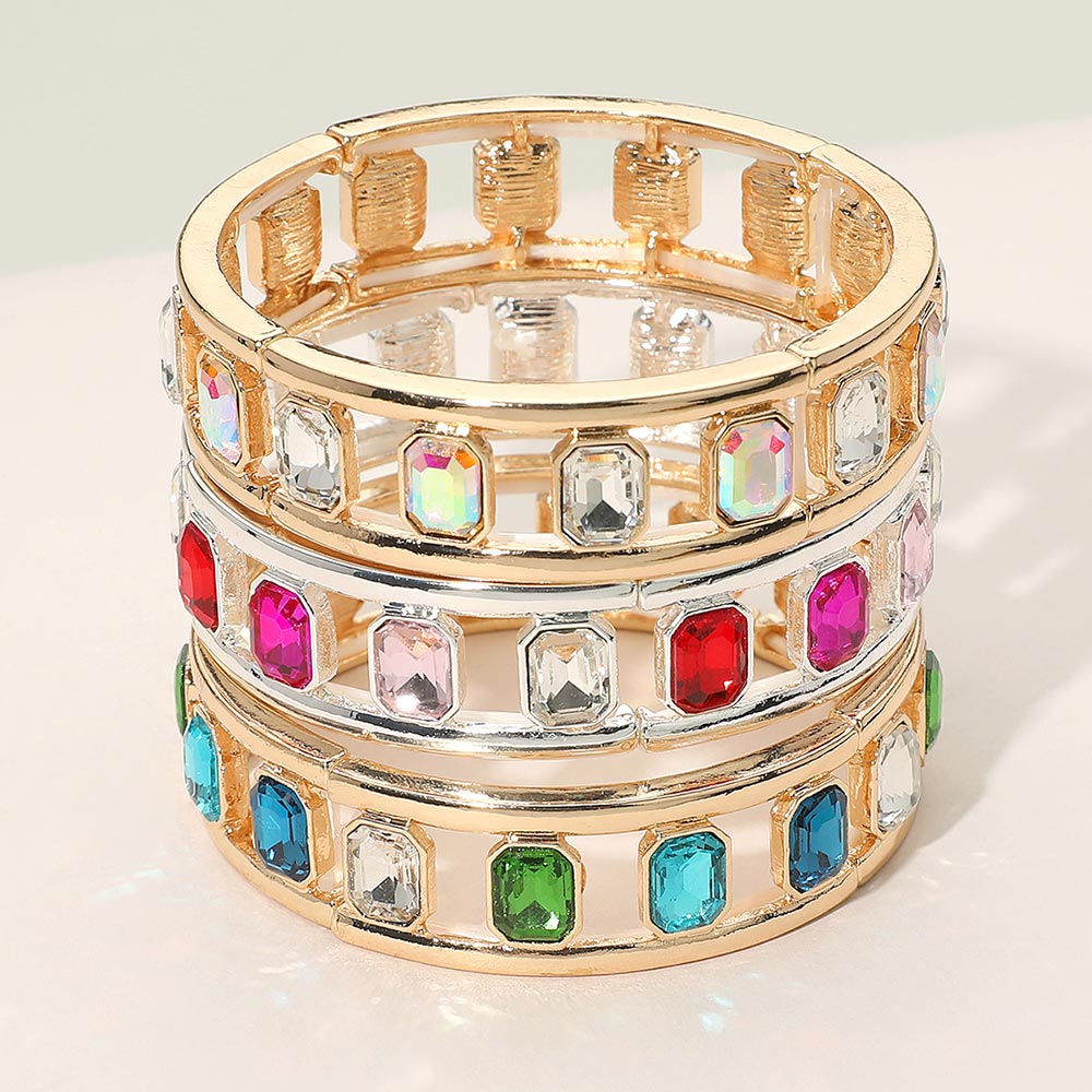 Madeline Love Pink, Silver Emerald Cut Stone Embellished Open Frame Stretch Bracelet - Bracelets - extra
