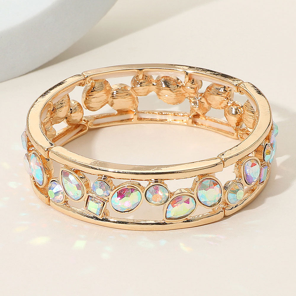 Madeline Love AB, Gold Multicolor Various Shaped Stone Bezel Embellished Open Frame Stretch Bracelet