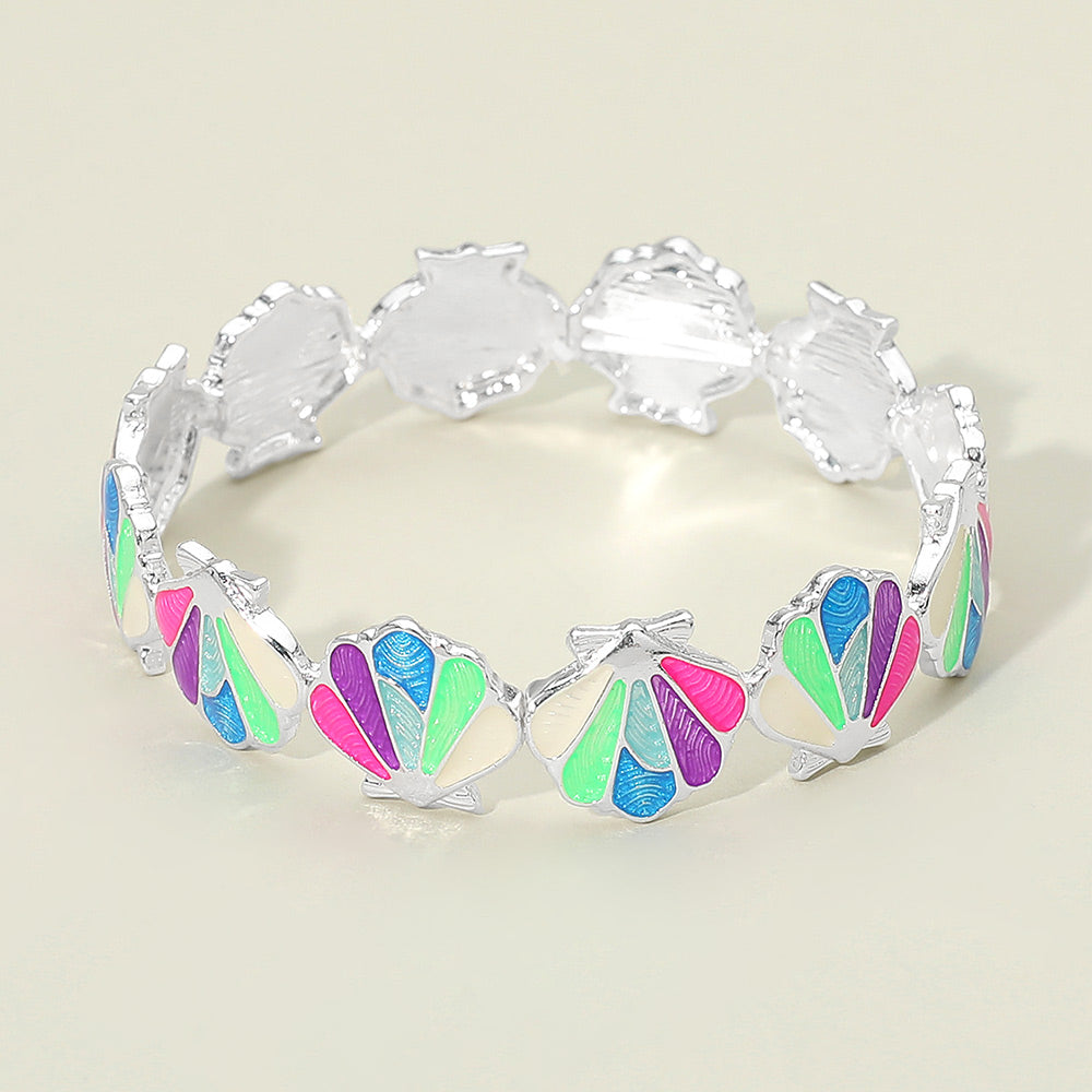 Madeline Love Multi, Silver Shell Beaded Stretch Bracelet - Bracelets