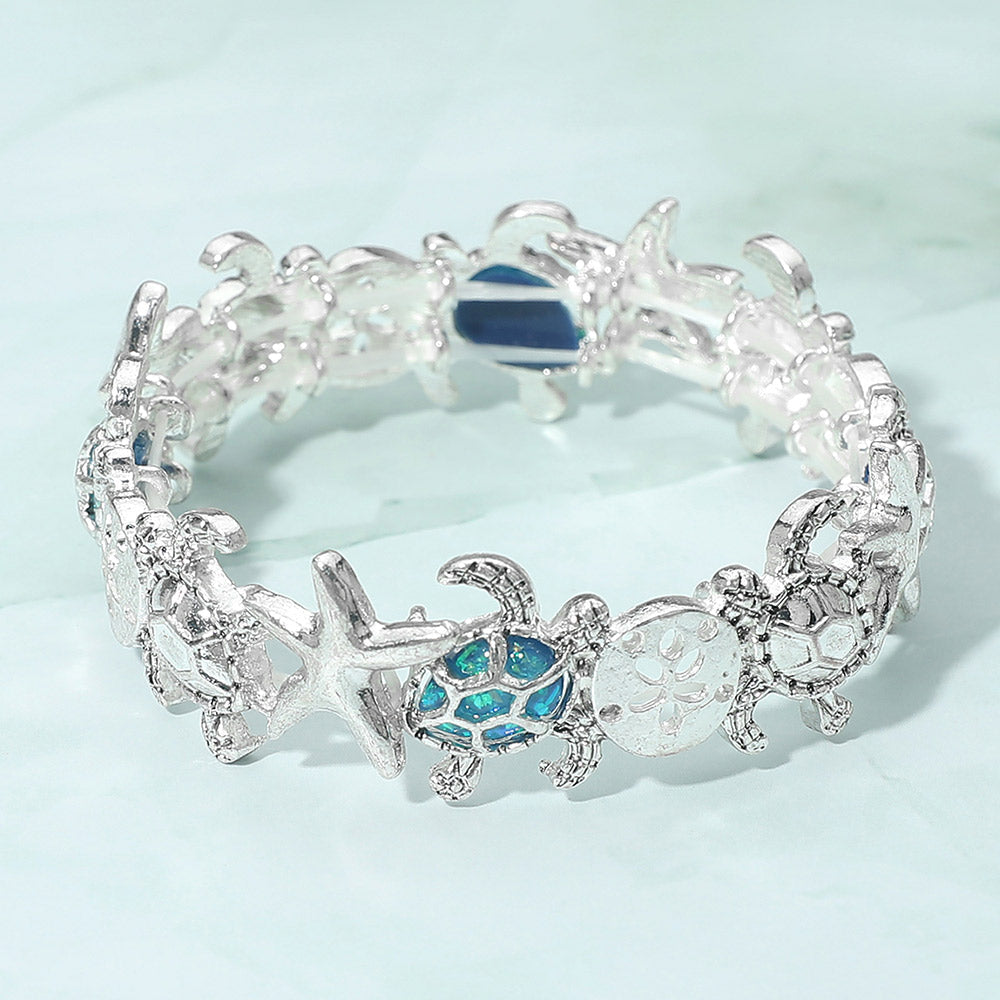 Madeline Love Antique Silver, Blue Coastal Starfish Sea Turtle Sand Dollar Link Stretch Bracelet - Bracelets