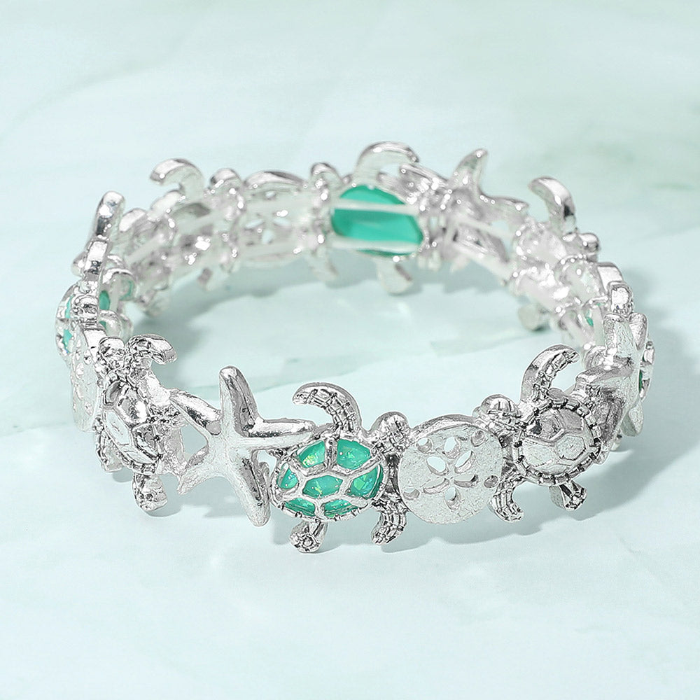 Madeline Love Antique Silver, Mint Coastal Starfish Sea Turtle Sand Dollar Link Stretch Bracelet - Bracelets