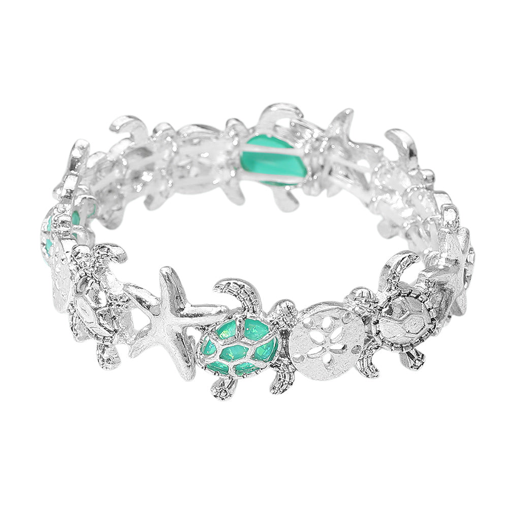Madeline Love Antique Silver, Mint Coastal Starfish Sea Turtle Sand Dollar Link Stretch Bracelet - Bracelets - desc