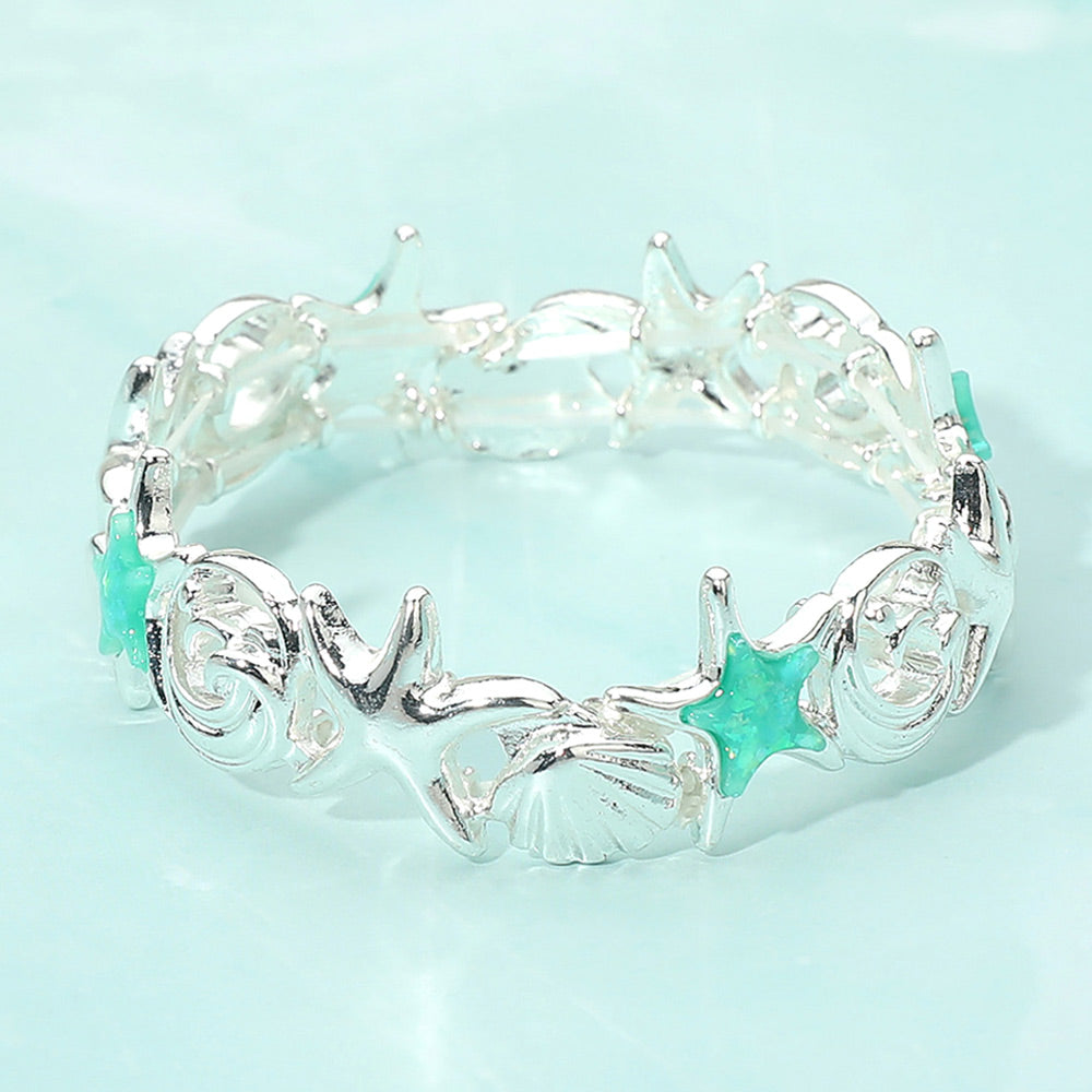 Madeline Love Mint, Silver Coastal Starfish Shell Wave Link Stretch Bracelet - Bracelets