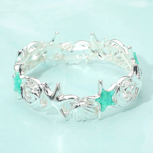 Madeline Love Mint, Silver Coastal Starfish Shell Wave Link Stretch Bracelet - Bracelets