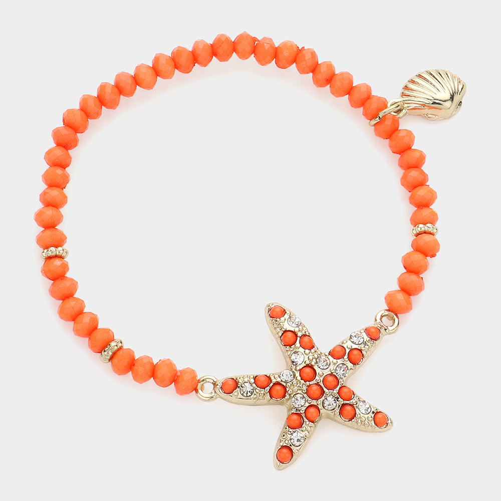 Gold, Orange Starfish Shell Charm Beaded Stretch Bracelet
