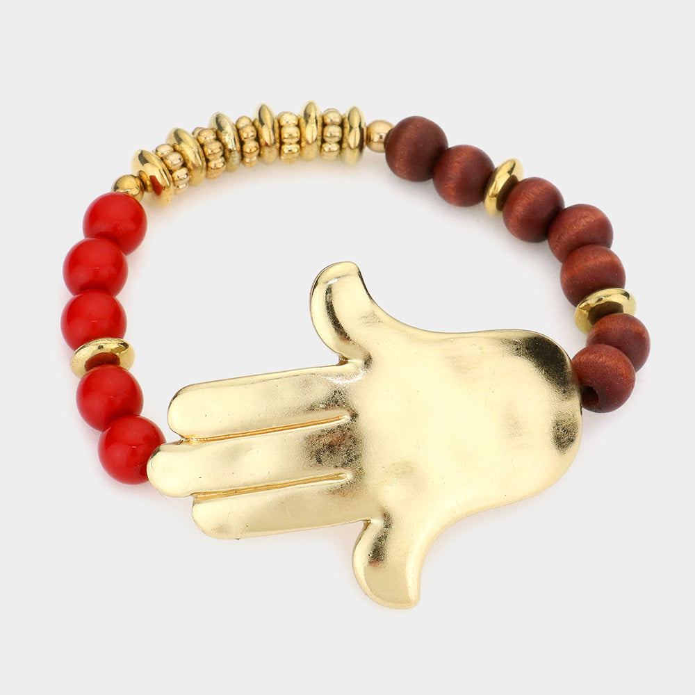 Madeline Love Gold, Red Hamsa hand Beaded Stretch Bracelet - Bracelets
