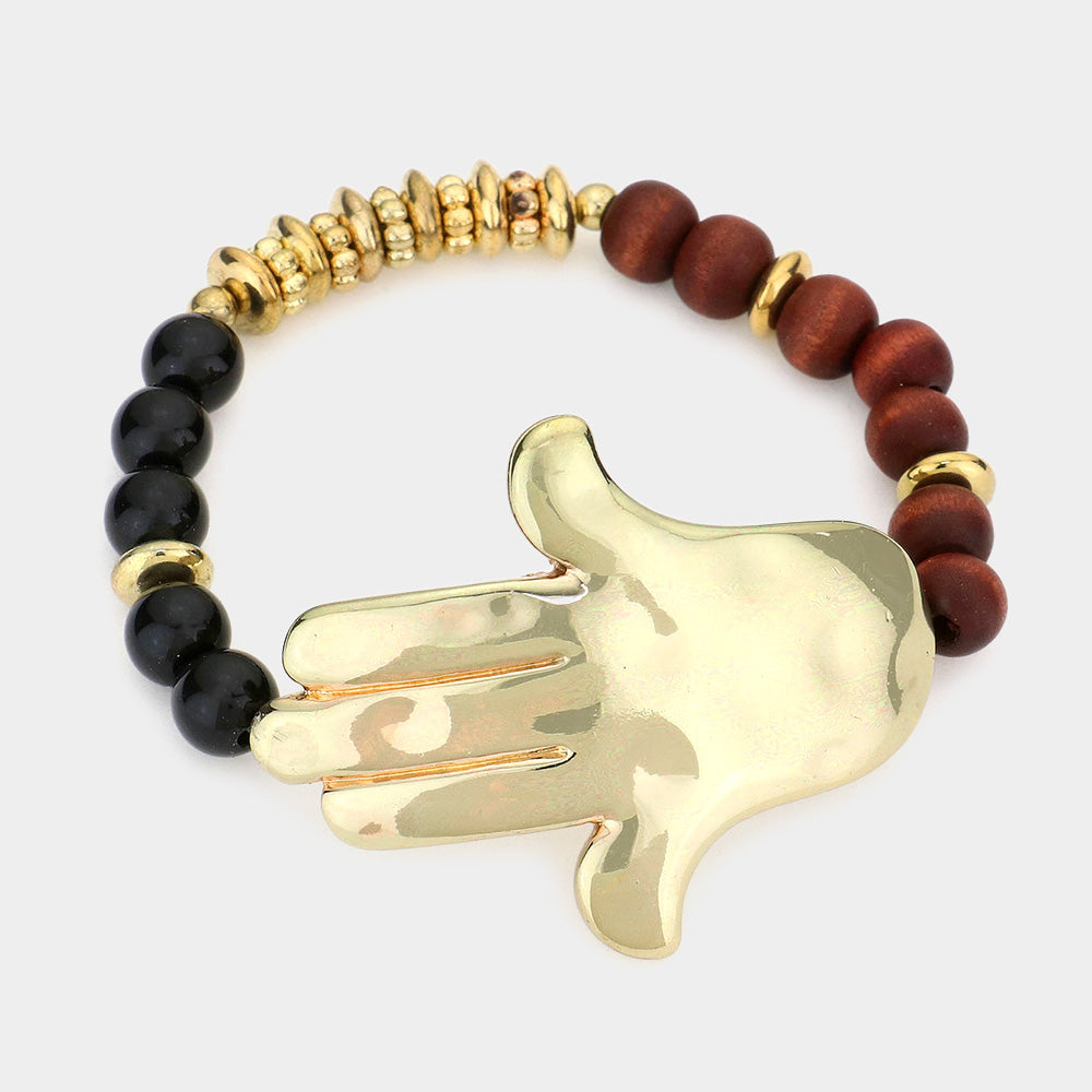 Madeline Love Black, Brown, Gold Hamsa hand Beaded Stretch Bracelet - Bracelets