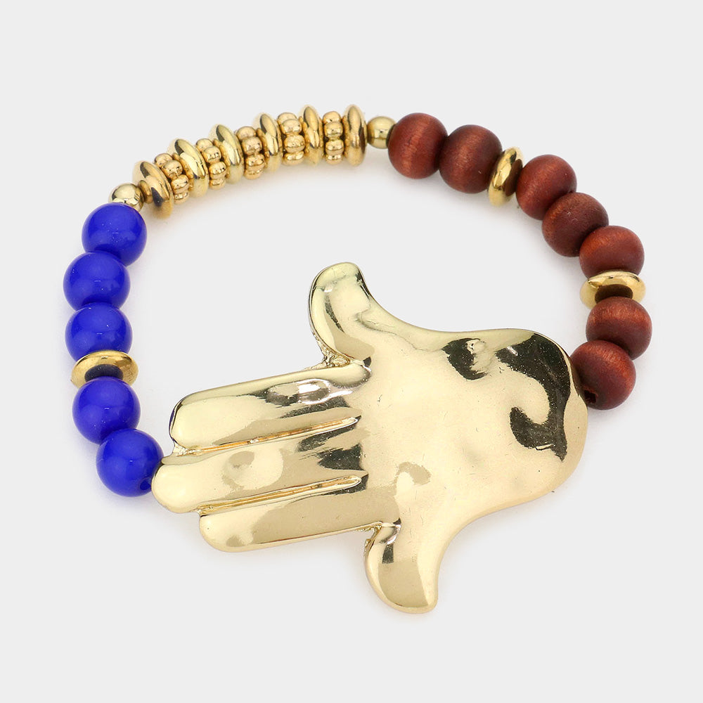 Madeline Love Blue, Brown, Gold Hamsa hand Beaded Stretch Bracelet - Bracelets
