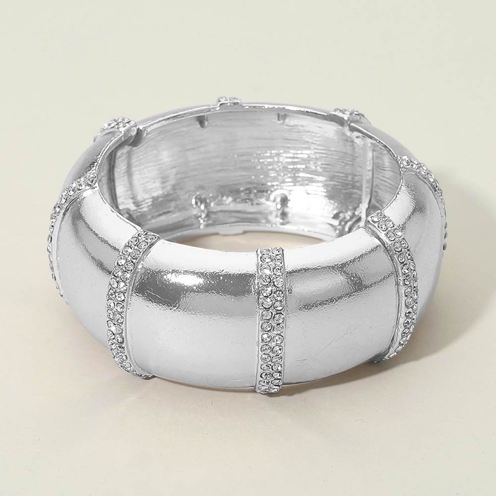 Madeline Love Clear, Silver Rhinestone Pave Line Wide Metal Stretch Bracelet
