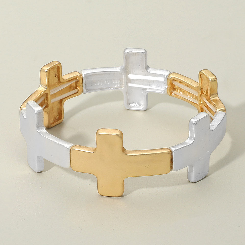 Madeline Love Matte gold, Matte Silver Worn Metal Cross Stretch Bracelet - Bracelets