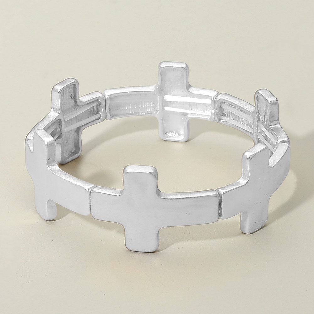 Madeline Love Matte Silver Worn Metal Cross Stretch Bracelet - Bracelets
