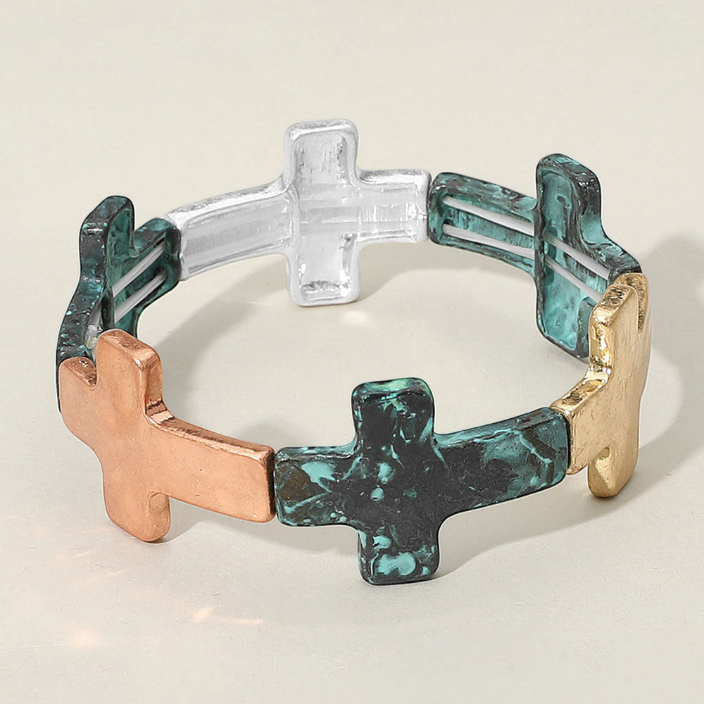 Madeline Love Patina Verdigris Worn Metal Cross Stretch Bracelet - Bracelets