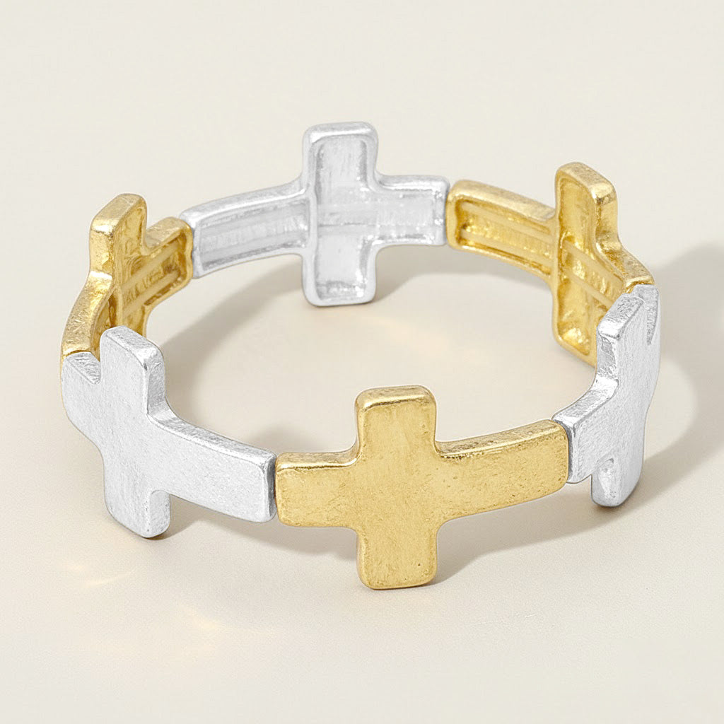 Madeline Love Worn Gold, Worn Silver Worn Metal Cross Stretch Bracelet - Bracelets
