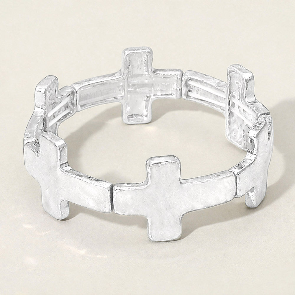 Madeline Love Worn Silver Worn Metal Cross Stretch Bracelet - Bracelets