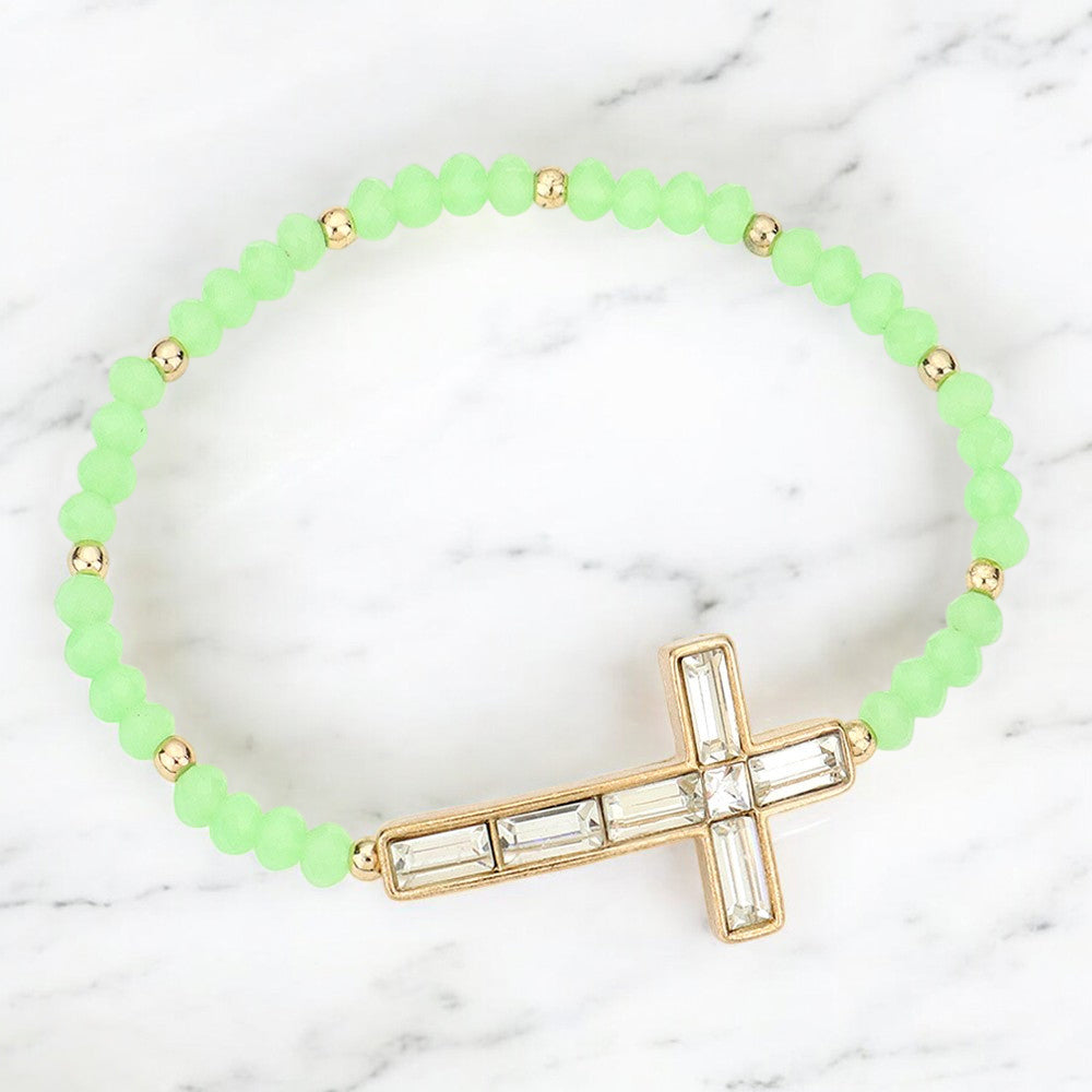 Madeline Love Mint Cross Accented Faceted Beaded Stretch Bracelet - Bracelets