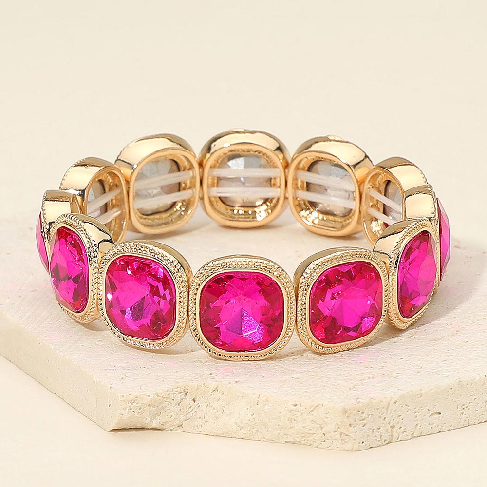 Madeline Love Fuchsia Square Stone Bezel Beaded Stretch Bracelet