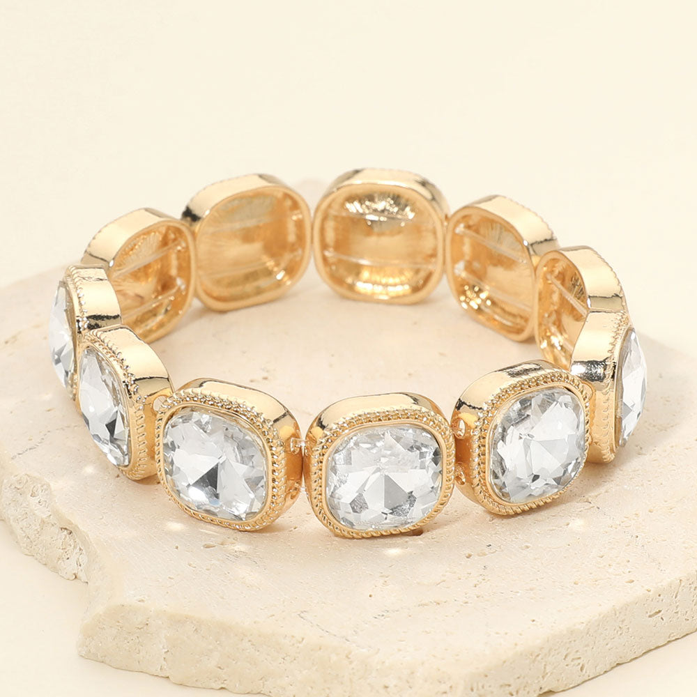 Madeline Love Clear, Gold Square Stone Bezel Beaded Stretch Bracelet