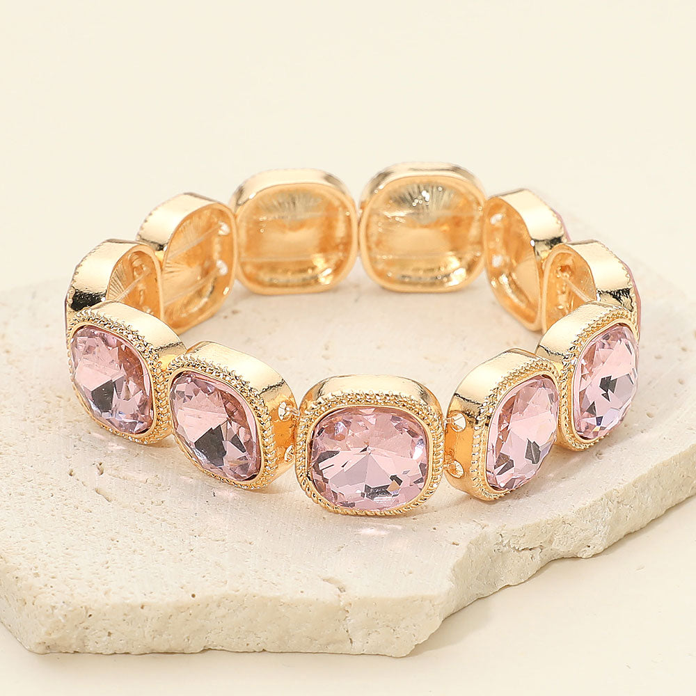 Madeline Love Gold, Pink Square Stone Bezel Beaded Stretch Bracelet