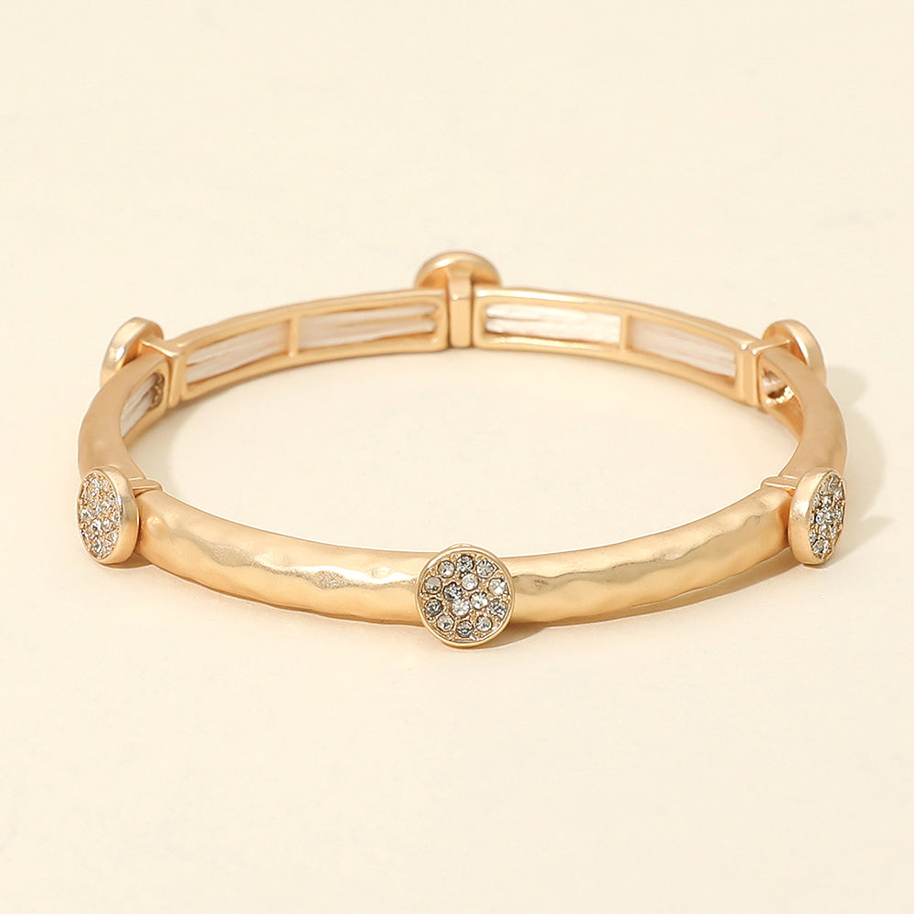 Madeline Love Gold Stone Pave Disc Accent Hammered Metal Stretch Bracelet - Bracelets