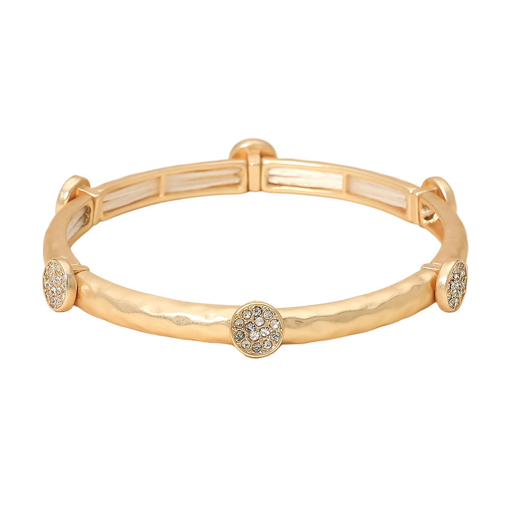 Madeline Love Gold Stone Pave Disc Accent Hammered Metal Stretch Bracelet - Bracelets - desc