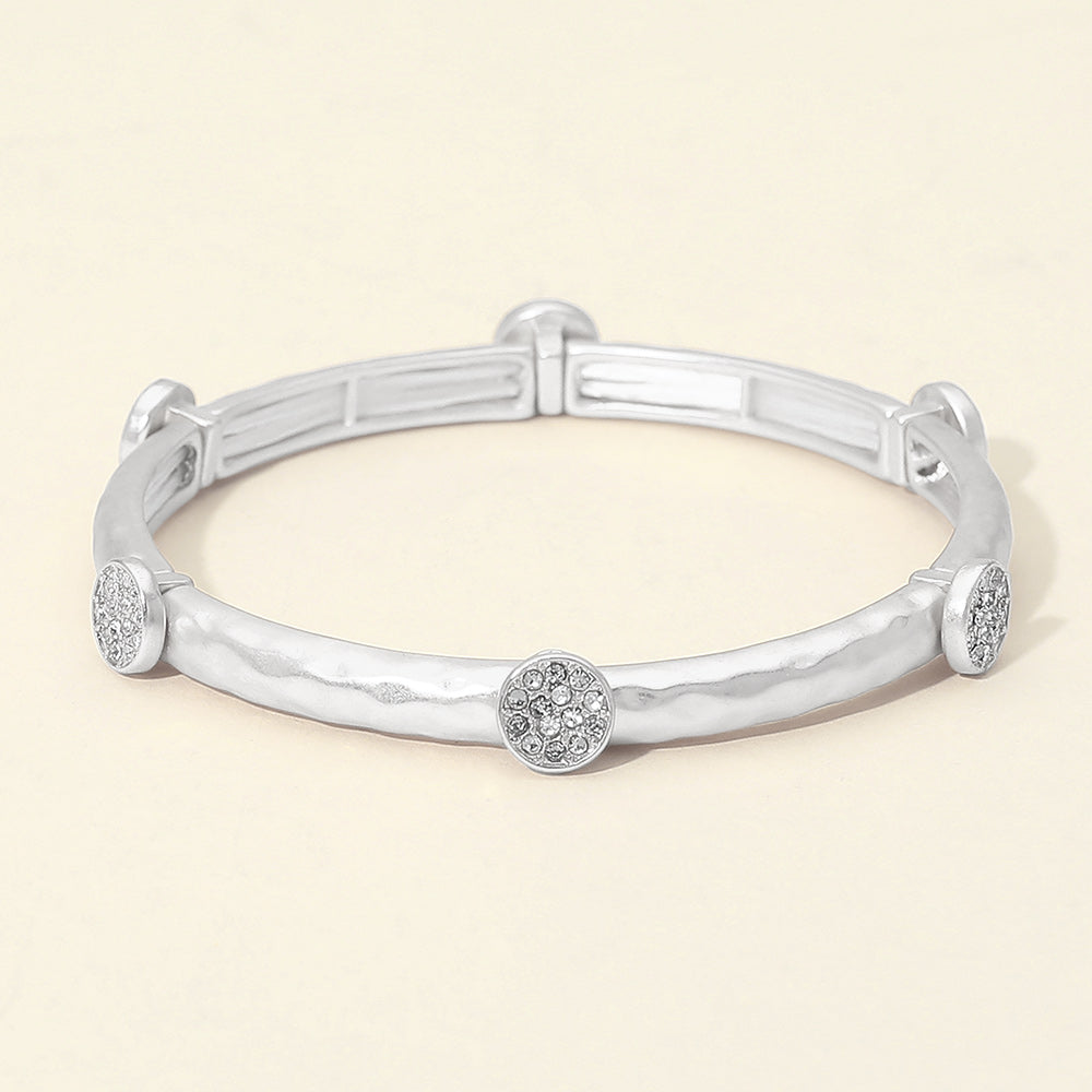 Madeline Love Silver Stone Pave Disc Accent Hammered Metal Stretch Bracelet - Bracelets