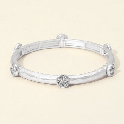Madeline Love Silver Stone Pave Disc Accent Hammered Metal Stretch Bracelet - Bracelets