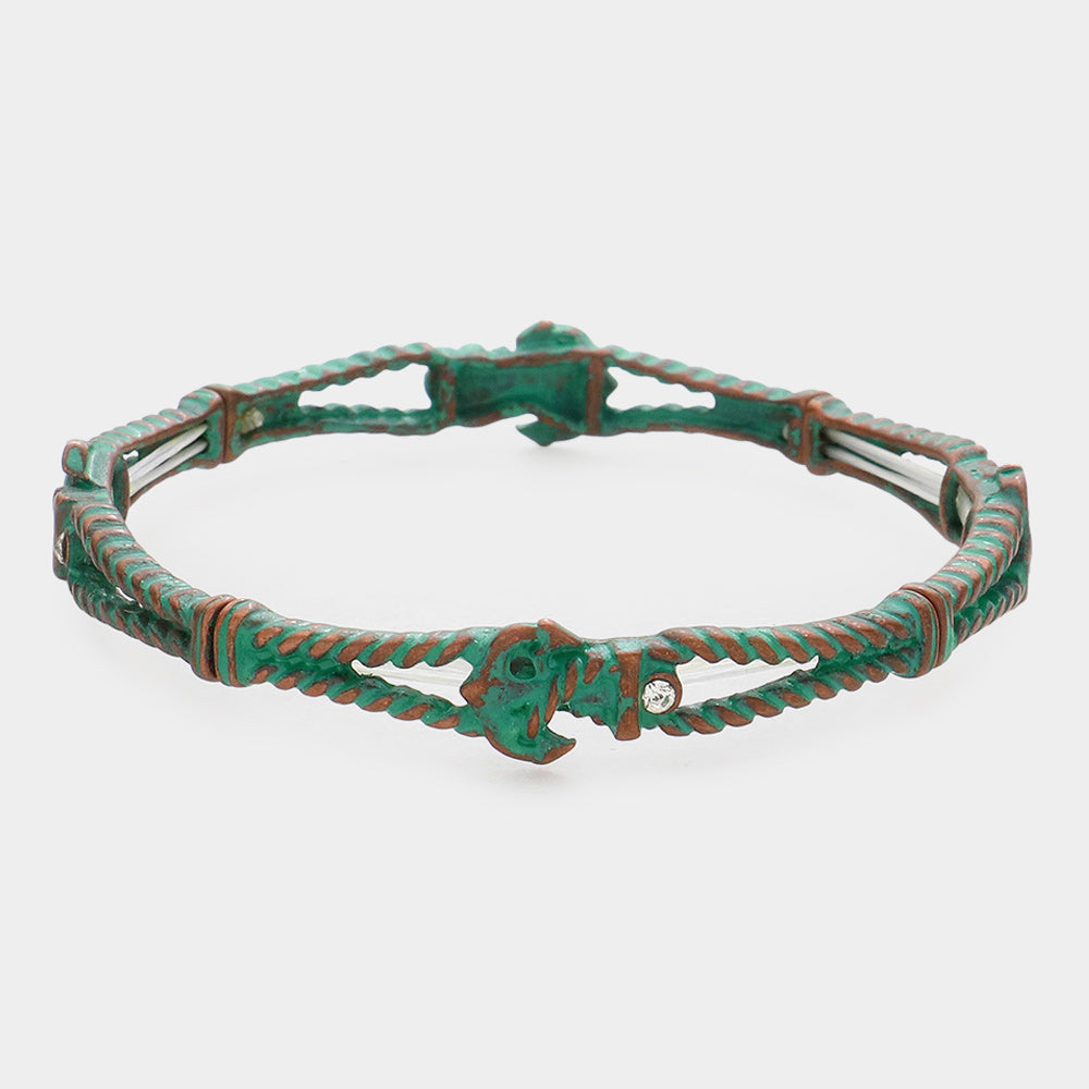 Patina Verdigris Crystal Detail Embossed Metal Anchor Stretch Bracelet