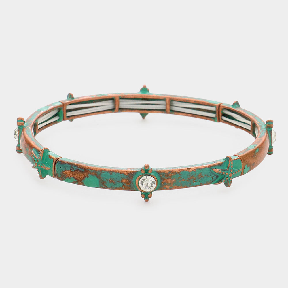 Patina Verdigris Starfish Crystal Accented Stretch Bracelet