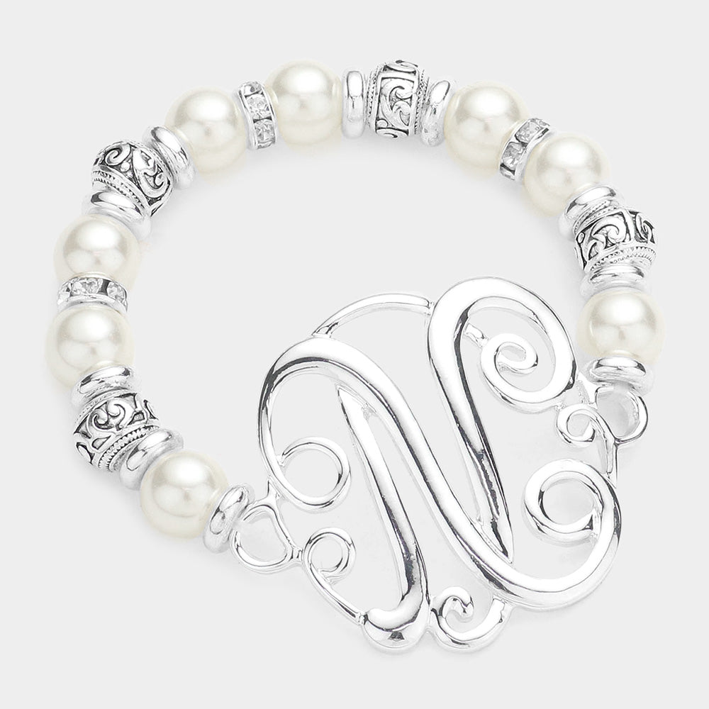 Madeline Love Antique Silver -N- Initial Monogram Charm Pearl Filigree Stretch Bracelet - Bracelets