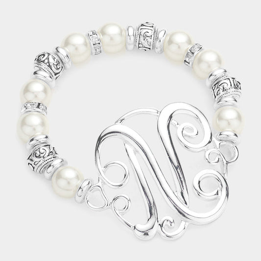 Madeline Love Antique Silver -N- Initial Monogram Charm Pearl Filigree Stretch Bracelet - Bracelets