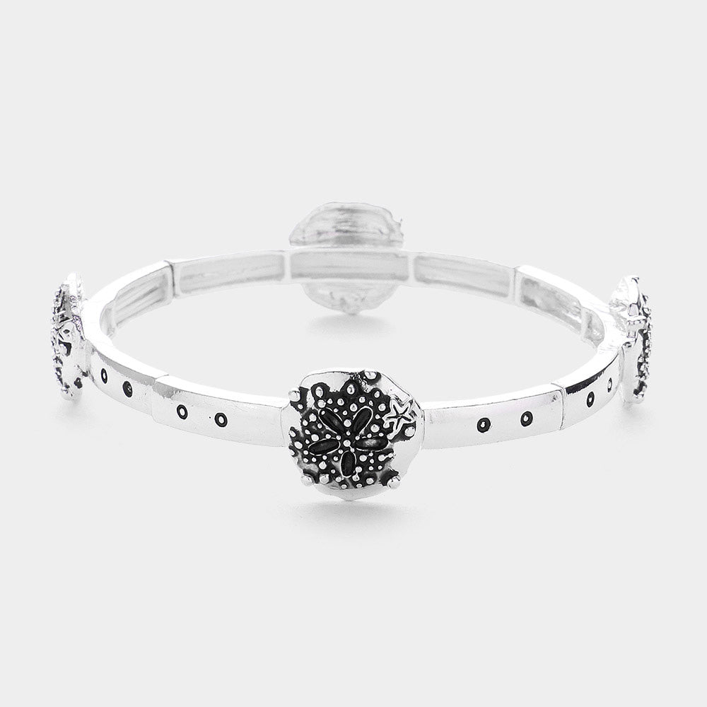 Antique Silver Sand Dollar  Stretch Bracelet