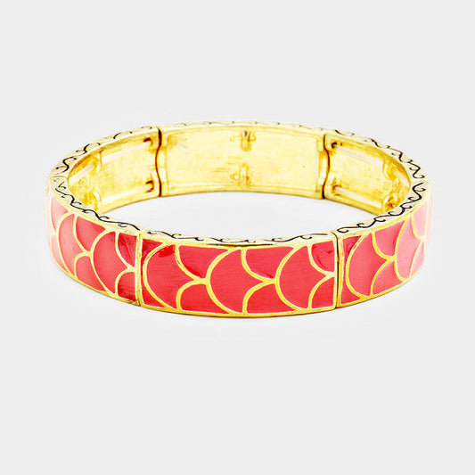 Madeline Love Pink, Gold Enamel Abstract Pattern Stretch Bracelet - Bracelets