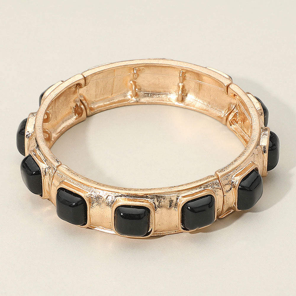Madeline Love Black Square Bead Embellished Hammered Metal Stretch Bracelet - Bracelets