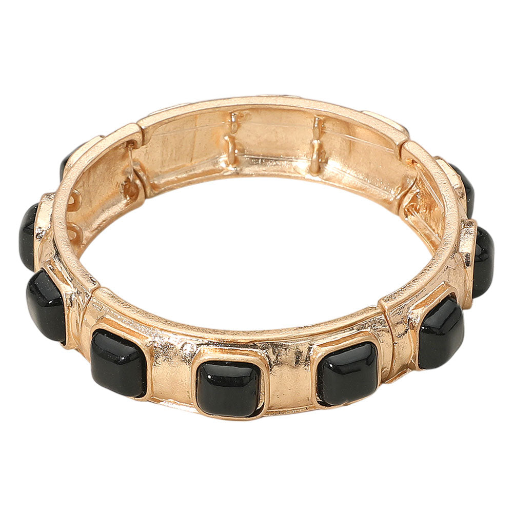 Madeline Love Black Square Bead Embellished Hammered Metal Stretch Bracelet - Bracelets - desc