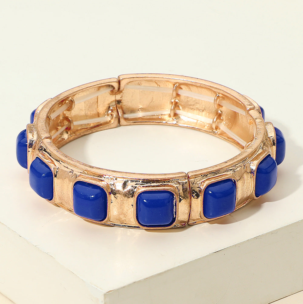 Madeline Love Blue Square Bead Embellished Hammered Metal Stretch Bracelet - Bracelets