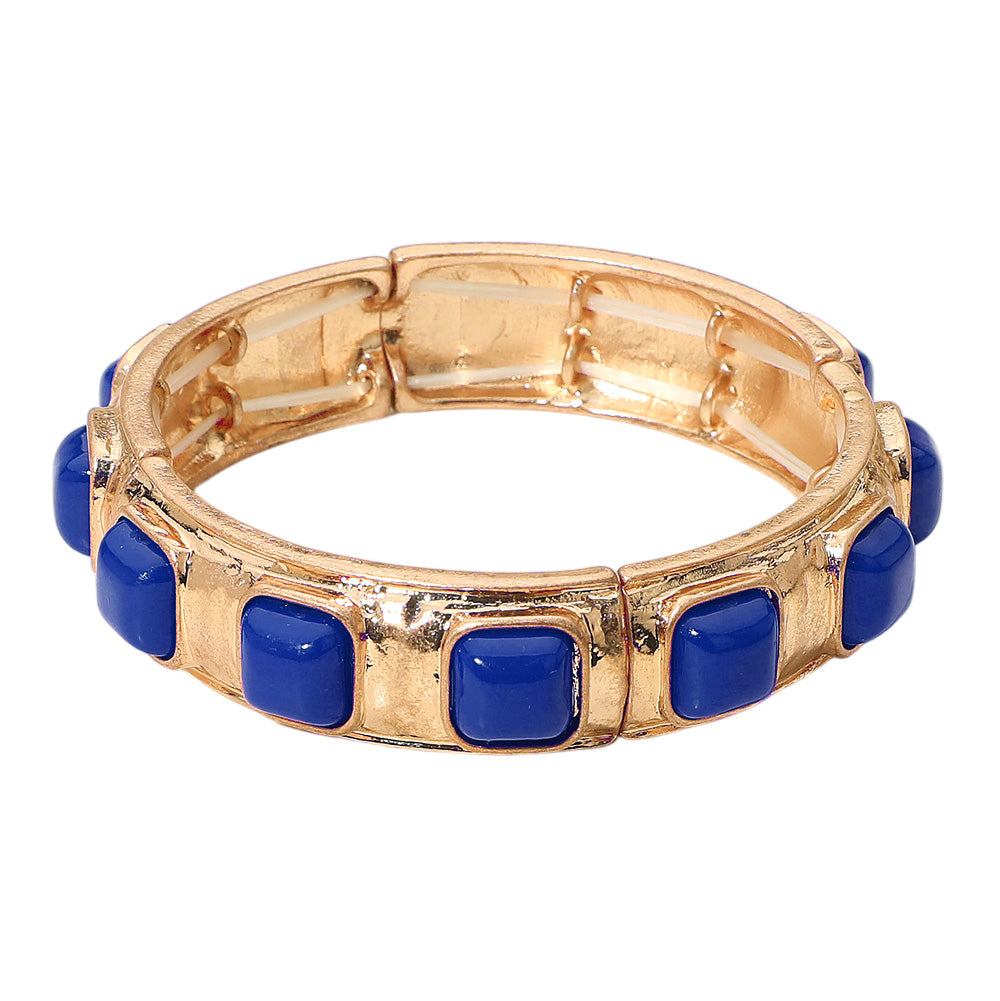Madeline Love Blue Square Bead Embellished Hammered Metal Stretch Bracelet - Bracelets - desc