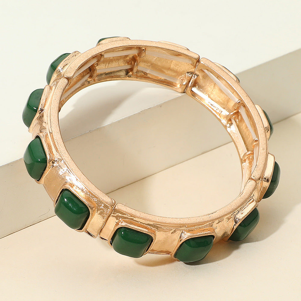 Madeline Love Green Square Bead Embellished Hammered Metal Stretch Bracelet - Bracelets