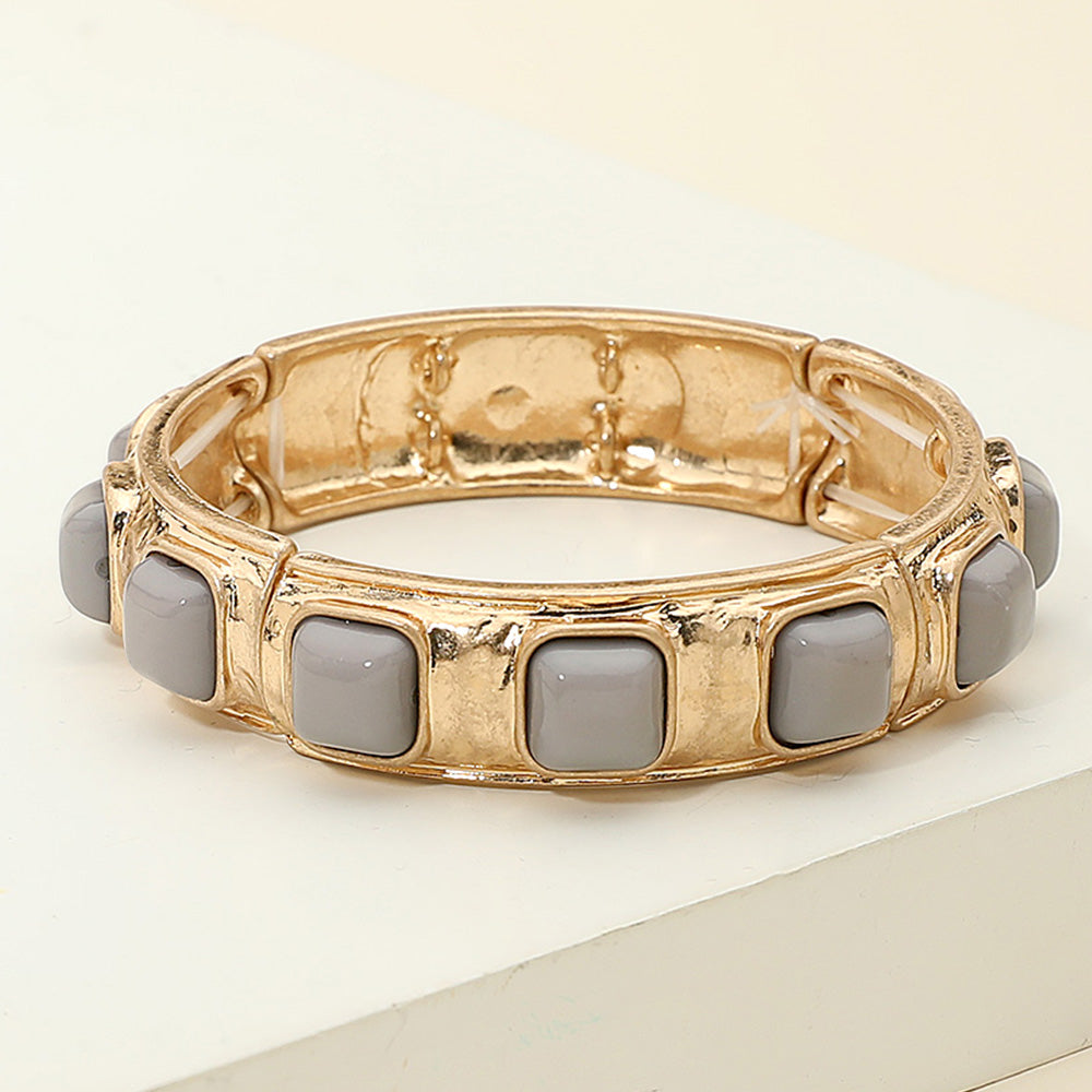 Madeline Love Gray Square Bead Embellished Hammered Metal Stretch Bracelet - Bracelets