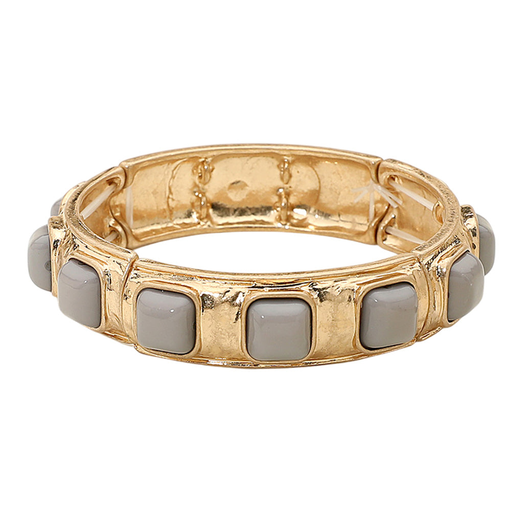 Madeline Love Gray Square Bead Embellished Hammered Metal Stretch Bracelet - Bracelets - desc