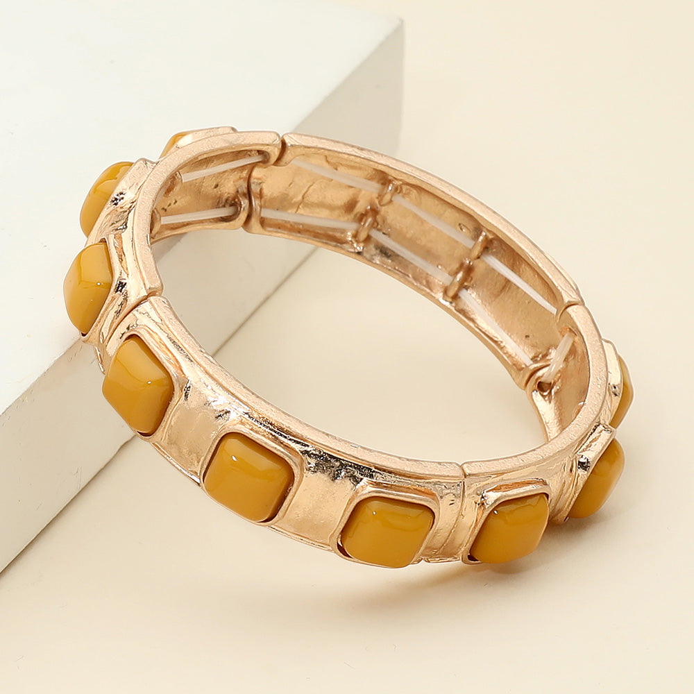 Madeline Love Mustard Square Bead Embellished Hammered Metal Stretch Bracelet - Bracelets