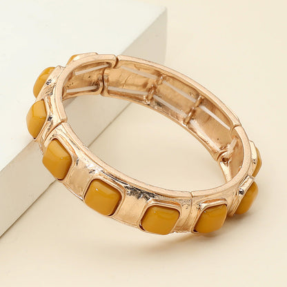 Madeline Love Mustard Square Bead Embellished Hammered Metal Stretch Bracelet - Bracelets
