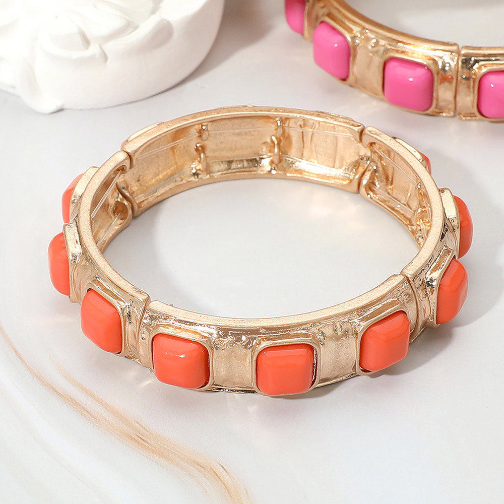 Madeline Love Orange Square Bead Embellished Hammered Metal Stretch Bracelet - Bracelets