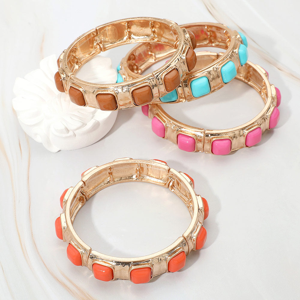 Madeline Love Orange Square Bead Embellished Hammered Metal Stretch Bracelet - Bracelets - extra