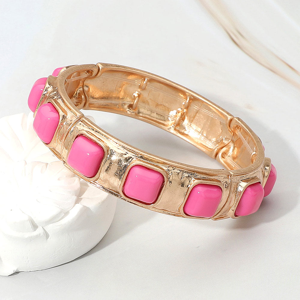 Madeline Love Pink Square Bead Embellished Hammered Metal Stretch Bracelet - Bracelets