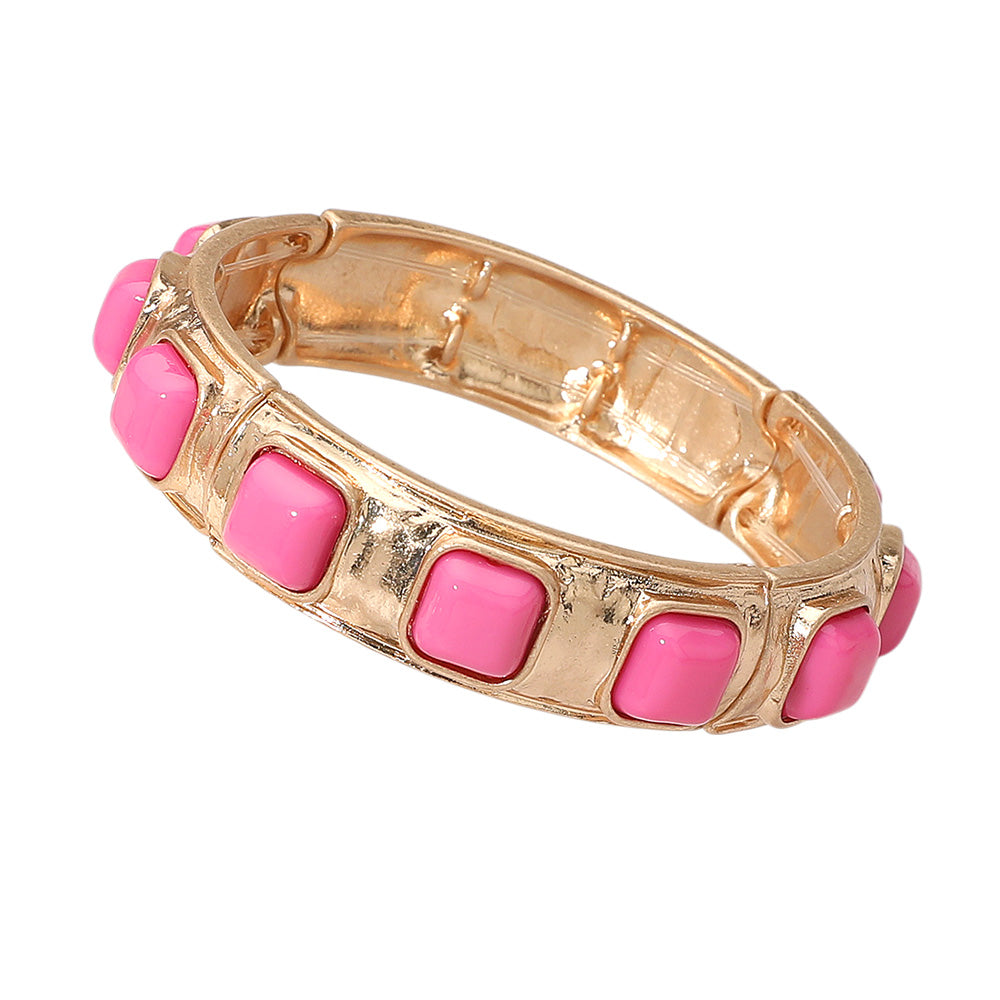 Madeline Love Pink Square Bead Embellished Hammered Metal Stretch Bracelet - Bracelets - desc